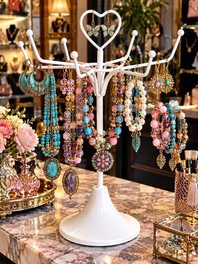 Cute White Retail/Home Metal Rotating Jewelry Display Stand Great Condition!